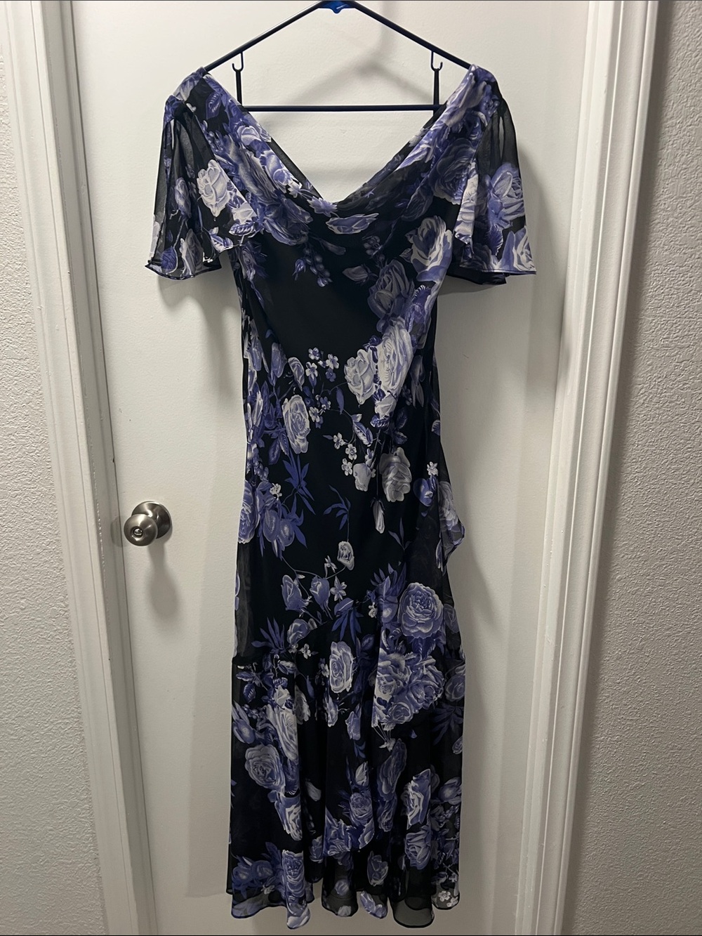 Off-Shoulder Floral Midi Dress in Black and Purple